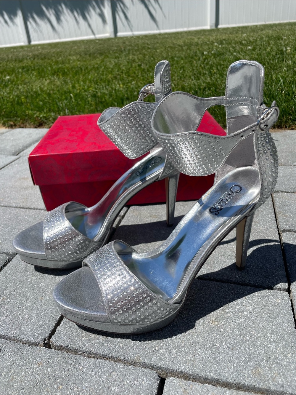 Carlos by Carlos Santana Nikola Silver Rhinestone Open-Toe Stiletto Sandals 8M